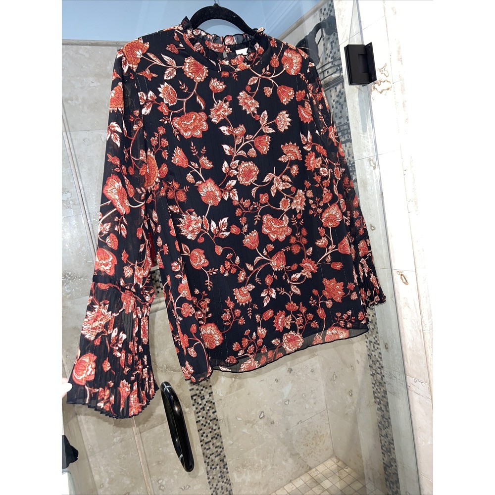 Chico's Pleated Chiffon Blouse Top Women 2 M L Gold Floral High Neck